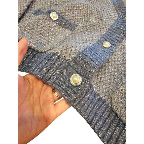 LC Lauren Conrad Womens Sz M V NEck Cardigan Sweater Blue Metallic Weave NEW - Picture 5 of 6